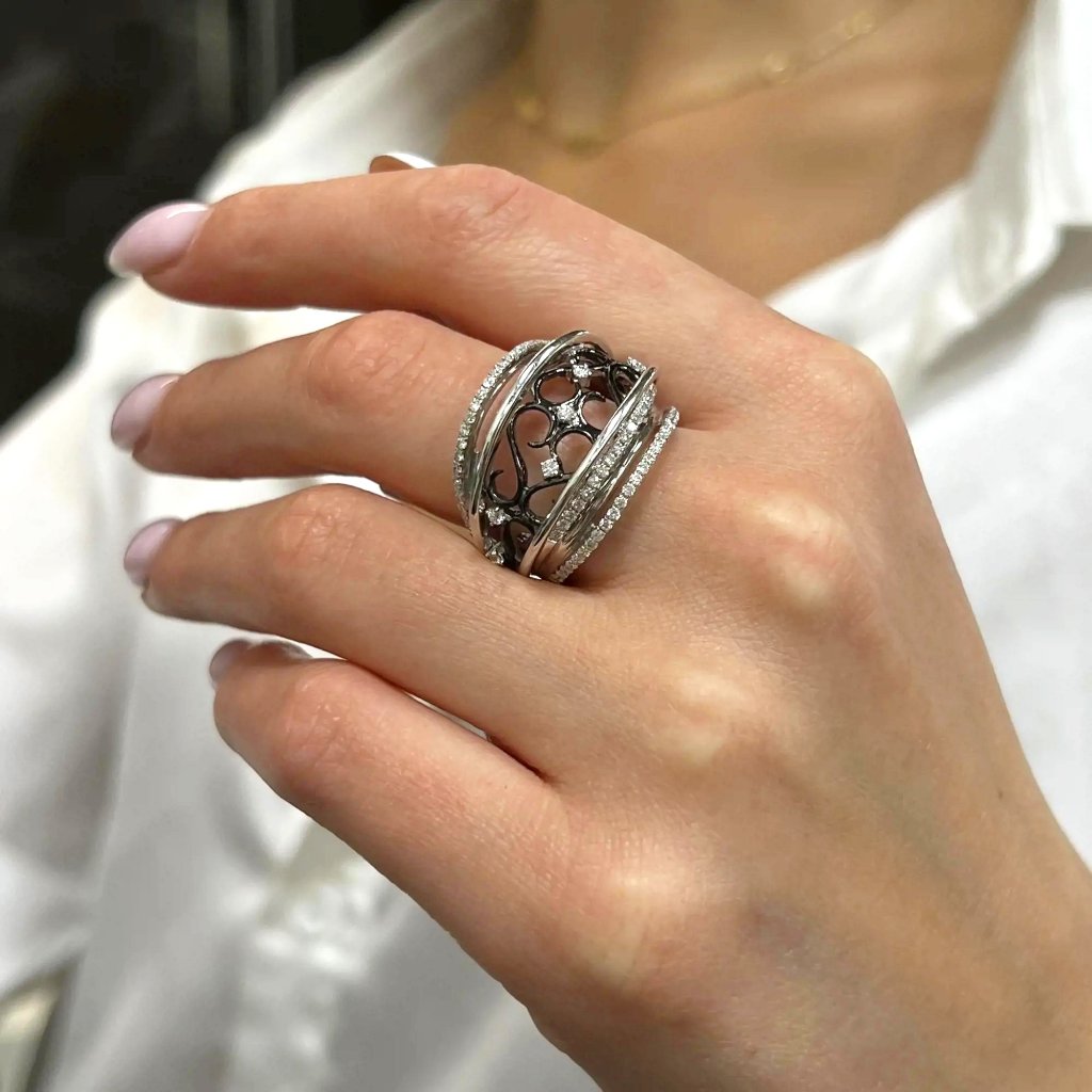 084cttw Round Diamond Dark Rhodium Plated Filigree Cocktail Ring 14k White Gold 2429$